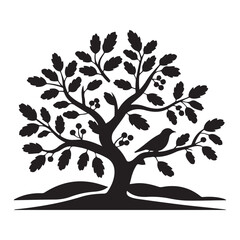 Obraz premium Elegant monochrome logo design featuring a stylized tree flourishing with leaves, berries, and a bird, set against a backdrop of a stylized landscape. Vector Black silhouettes. with white background