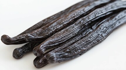Dark, glistening vanilla beans lie clustered on a white surface.