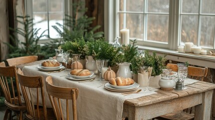Obraz premium Cozy rustic dining setup with a beautifully arranged table featuring bread and greenery, winter scene outside
