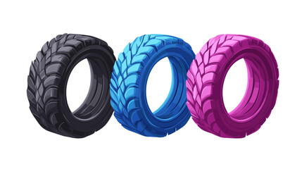 Three Colorful Tires on White Background
