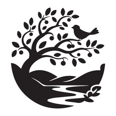 Elegant monochrome logo design featuring a stylized tree flourishing with leaves, berries, and a bird, set against a backdrop of a stylized landscape.  Vector Black silhouettes. with white background