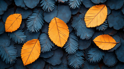 Fototapeta premium Striking contrast vivid orange leaves amidst a deep blue foliage backdrop creating a captivating autumn nature scene