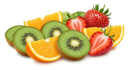 Arrangement of Sliced Kiwi Orange and Strawberries for Refreshing Healthy Eating