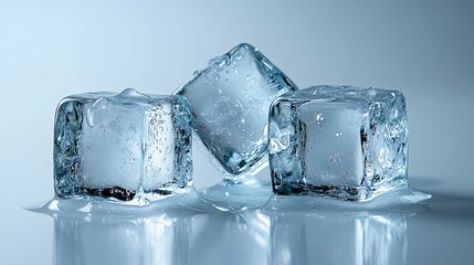 Close-up of three melting ice cubes on a light blue surface.