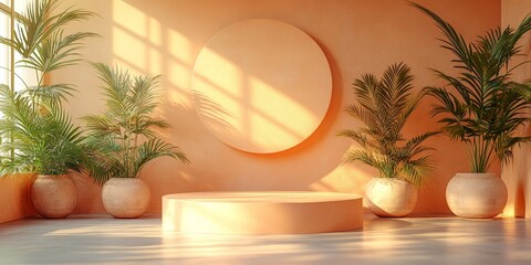 Soft Orange Minimalist Interior with Clean Lines and Plants