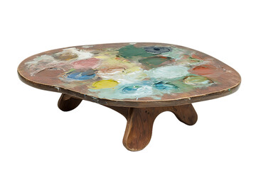 Artistic Palette-Shaped Table with Colorful Paint Remnants, Wooden Legs, Isolated.