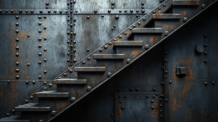 Industrial metal stairs ascend a riveted steel wall.
