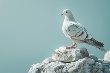 Obraz premium Elegant white pigeon perched on a light gray rock.