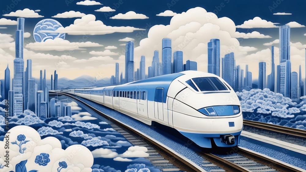 Poster 青と白の高速列車が都市を背景に空を走る現代的なイラスト 交通機関と旅行の風景