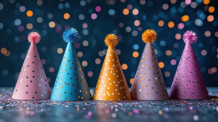 Obraz premium Colorful party hats arranged on a table with a festive background of blurred lights