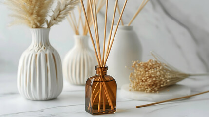 Oil diffuser stick mockup on white with reeds fanned out