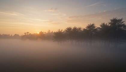 Fototapeta premium Serene sunrise over misty lake nature photography tranquil landscape early morning peaceful environment captivating view