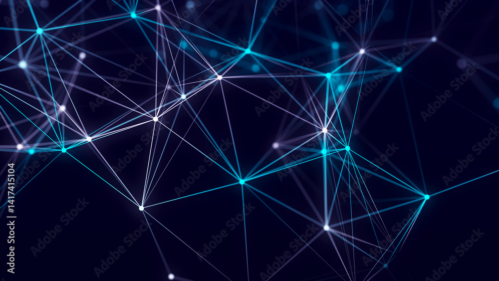 Poster connection of colored lines and shapes in space. big data visualization. digital background. 3d rend