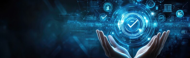 Hands Holding Digital Tick Icon with HUD Elements Against a Blurred Background