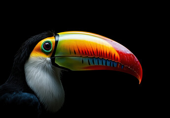 Closeup of a colorful toucan on a dark background