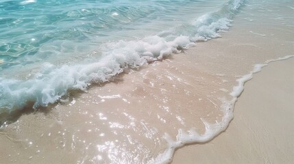 Gentle Waves Rolling onto a Pristine Sandy Shore on a Sunny Day, Creating a Serene and Peaceful Beach Scene
