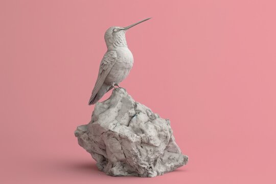 Monochrome hummingbird perched atop a stylized rock.