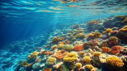 Naklejka premium An underwater view shows sunlight filtering through water illuminating a vibrant coral reef with various colors and intr