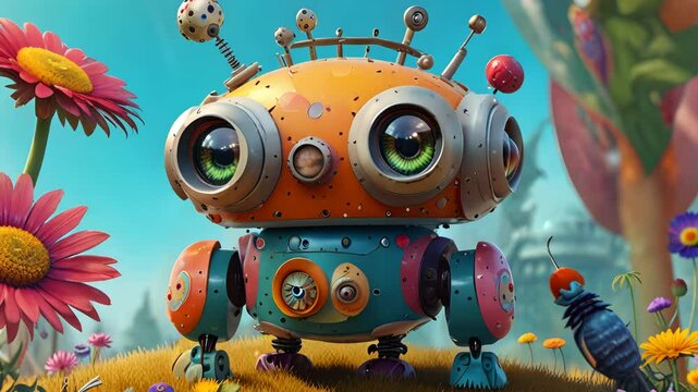 Cheerful funny cartoon children's robot. Cute cyborg, futuristic modern bot, android, smiling character.