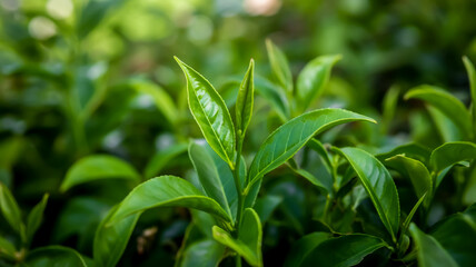 Obraz premium Exquisite macro capture of vibrant green tea leaves in radiant sunlight, featuring a sharply detailed central leaf with delicate serrated edges and elegant elongated form, set against a dreamily blurr