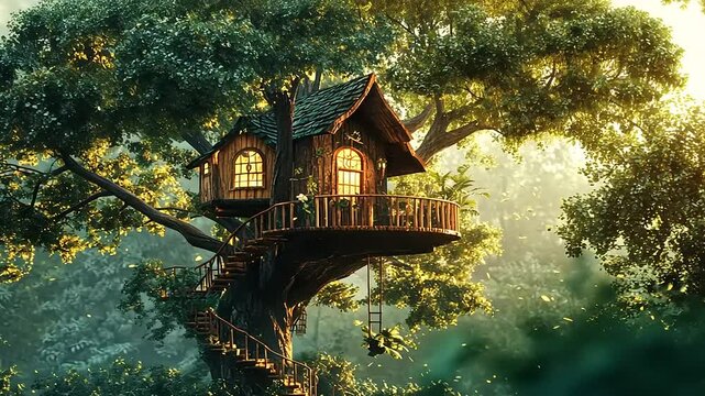 Cozy treehouse nestled in lush green forest