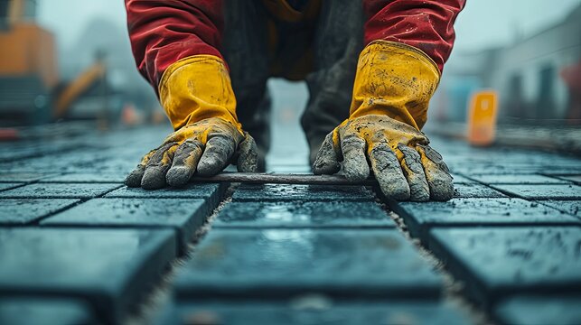 Close-up of worker meticulously arranging paving stones.