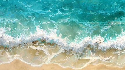 Fototapeta premium Foamy sea waves rolling onto the beach with soft white sea foam, aerial view of sand and turquoise water, a summer scene.