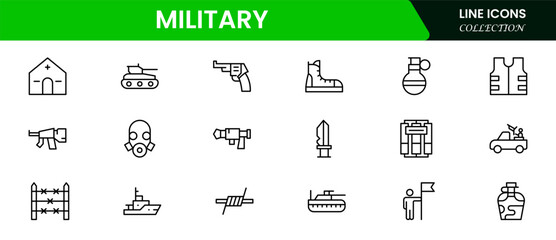  Military, war, and army line icons. Military Equipment, tools, aids, and appliances. collection and pack of linear icons.