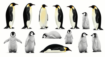 Obraz premium Group of Penguins Standing and Lying Down on White Background
