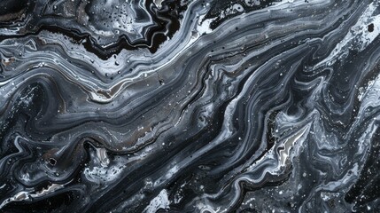 Polished silver-gray liquid metallic texture with black and white swirls creating a modern abstract background design