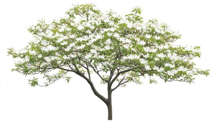Obraz premium Lush flowering tree against a plain background. Dense canopy of white blossoms atop green branches. Strong central trunk
