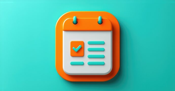 Vibrant orange and teal calendar planner with scheduled tasks and reminders on minimalistic background flat d glossy style round square shape modern app icon featuring clean