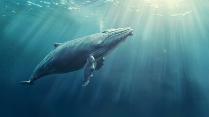 Fototapeta premium Humpback whale gracefully swimming deep underwater, sun rays penetrating ocean depths, creating serene marine environment.
