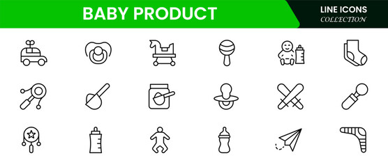 Baby  Product food icons include bottles, spoons, jars, powder, and more.  Thin outline icons pack. Vector illustration