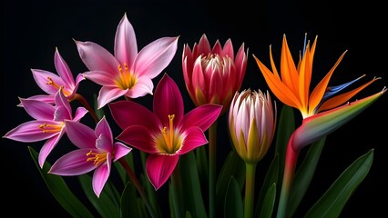 Fototapeta premium Exotic Floral Still Life with Rain Lilies and Bird of Paradise on Black Background