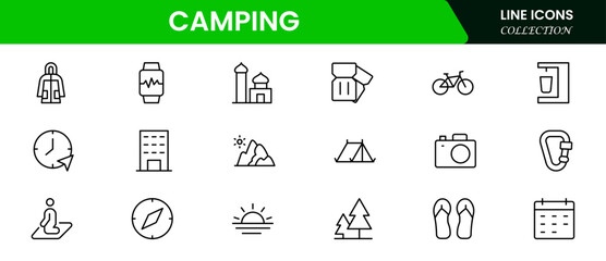Camping outline icons set. Tent, campfire, backpack, hiking, adventure, nature, bag, compass, lantern and more. vector illustrator.