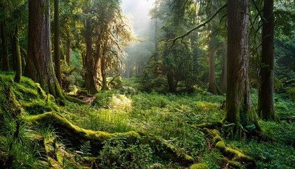 Lush forest teeming with terrestrial plants trees and grass