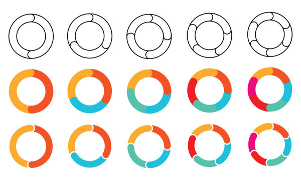 Pie chart set. Circle diagram design. Circular graph with 2, 3, 4, 5 steps for business presentation. Progress wheel infographic vector template