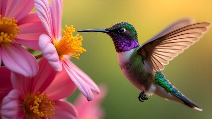 Fototapeta premium Hummingbird Flight: Vibrant Bird Feeds on Nectar from Pink Flowers in a Lush Garden