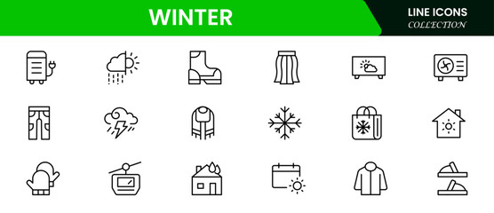 Set of winter clothes and accessories icons. Thin linear style icons Pack. Vector illustration web line icon collection