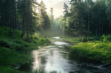 Fototapeta premium 8K mesmerizing pine forest with a meandering river,