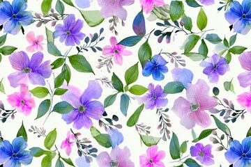 Watercolor Floral Pattern with Soft Blue and Purple Tones on White Background.