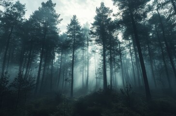 Obraz premium 8K moody pine forest with heavy fog, mysterious atmosphere