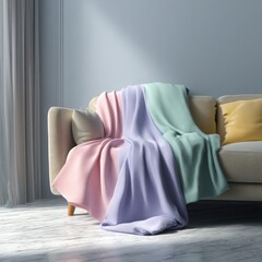 Minimal cozy living room with soft pastel throw on armchair near sunlight