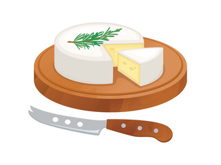 Camembert cheese on a wooden cutting board vector illustration. Brie and knife icon set vector isolated on white background. Cheese on a wooden tray and cheese knife drawing