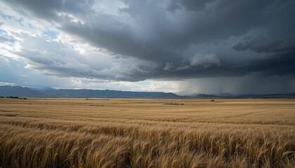 Fototapeta premium Canterbury Plains Stormfront – Flat fields stretch toward distant foothills as dark clouds gather overhead, casting long shadows across golden wheat.