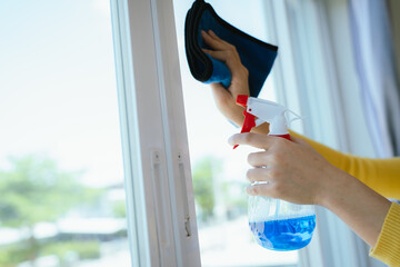 Professional cleaner wearing gloves performs household chores with cleaning equipment, ensuring...