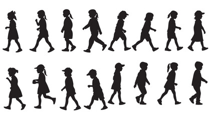 silhouettes of children,Silhouettes of Children Walking in Different Poses and Outfits 
