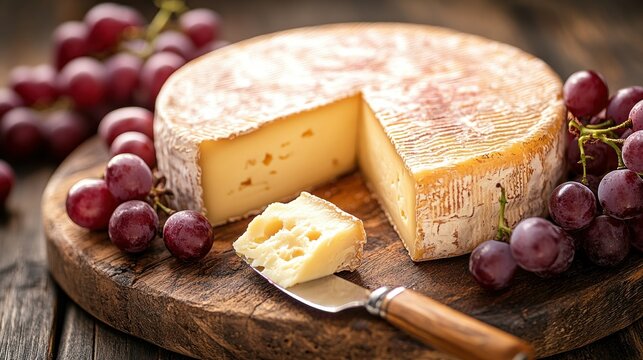 Round cheese wheel sliced, ready to eat with grapes