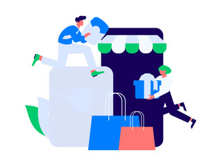 Holiday shopping people doing e-commerce online shopping flat vector concept operation hand drawn illustration
